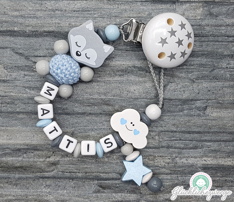 Herz Ornament Geburtstag Baby Schnullerkette mit Namen Handmade Namenskette/Schnullerhalter zur Geburt Blau/Grau Taufe für Junge