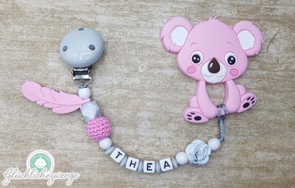 Schnullerkette mit Namen Beißkette Beißring Silikon grau rosa koala 